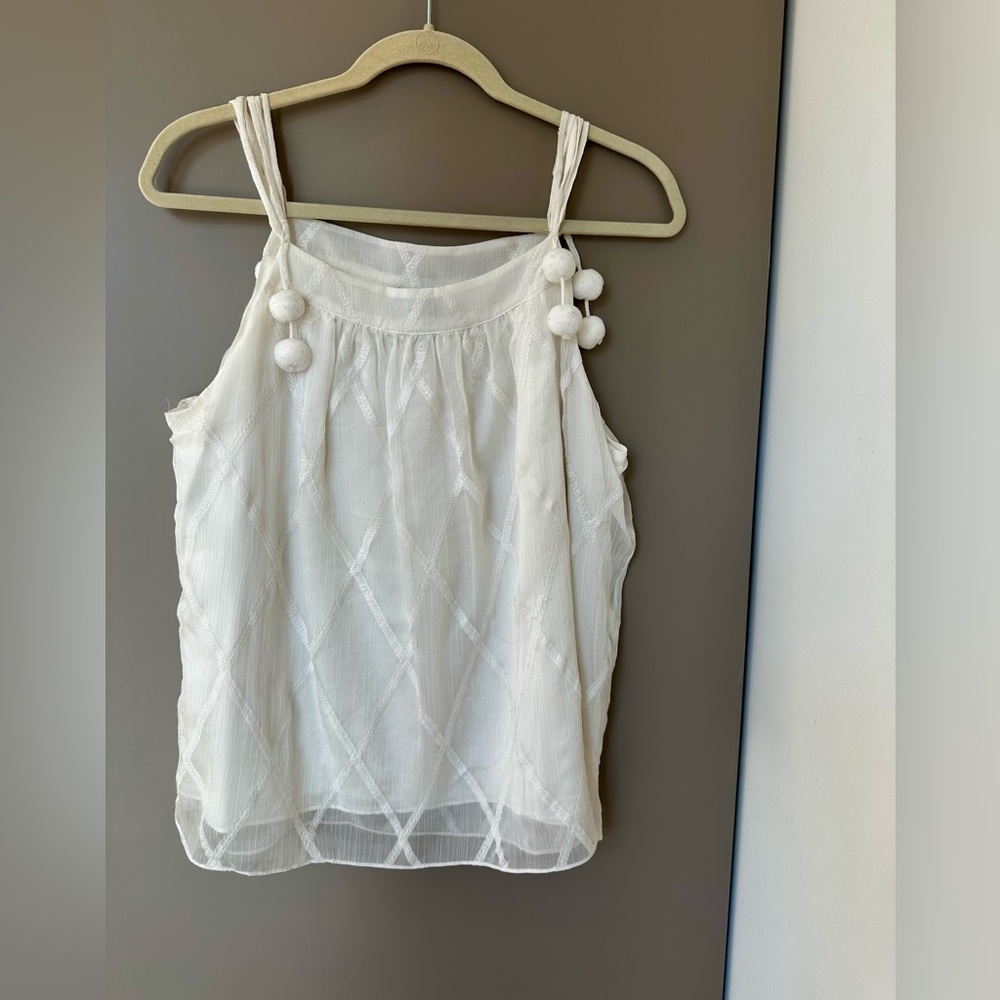 Aqua white overlay lacy tank w/ pompoms, size medium, very good condition